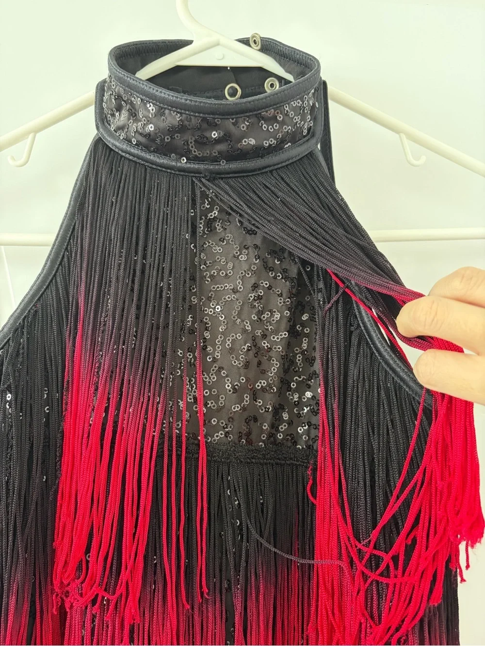 Weissman Fringe Dance Costume Kids LC Red Black Sequin Jazz Tap Leotard